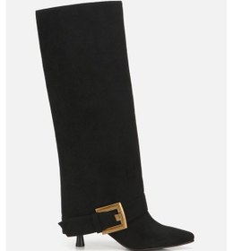 Resim Kadın Süet Siyah Pantolon Görünümlü Tokalı Topuklu Çizme Siyah 