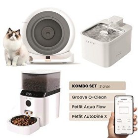Resim Groove Q-Clean Otomatik Kedi Tuvaleti Gri - Petfit Aqua Flow Akıllı Su Pınarı - Petfit AutoDine X Otomatik Mama Kabı 