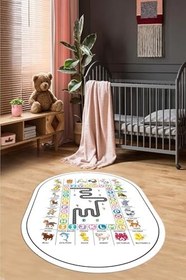 Resim İngilizce Harf VE Hayvan Temalı Eğitici Oval Çocuk Odası Oyun Halısı O-ÇOCUK-44, Beyaz, 60 x 150 