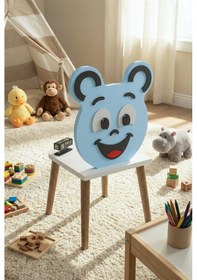 Resim Çocuk Sandalyesi Happy Face Ahşap Ayaklı, Sevimli Figürlü Mavi 