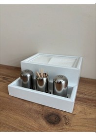 Resim Mimoza Baharatlık Bölmeli Ahşap Masaüstü Peçetelik 1 Adet Restaurant Dispenser Beyaz Baharatlıklar Hariç 