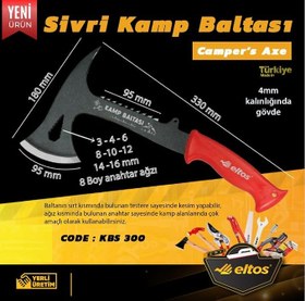 Resim Eltos Kamp Baltası, Bilek Askılı, Çelik Keskin Ağız, Sırtı Testereli, 8 Boy Anahtar Ağızlı, KBS300, Outdoor, Avcılık, Doğa Yürüyüşü, Survival Balta, Dayanıklı, Ergonomik Sap, Kampçı Baltası (Sivri) 