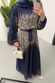 Resim Neşeli Butik kadın leopar desenli şifon tesettür elbise NMS055 