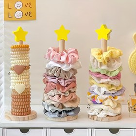 Resim Yıldız Şeklinde Üstlü ve Sevimli Kalp/Ayıcık/Yıldız/Kunduz Figürleriyle Ahşap Saç Aksesuar Sergi Standı - Duş İkramları, Çocuk Odası Organizatörü, Toka & Fiyonklu Tutucu, Çevre Raf (Ahşap) 