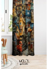 Resim Eski Şehir Desenli Fon Perde Çocuk Ve Bebek Odası Süet Dijital Baskılı Ekstrafor Büzgü Tek Kanat Çok Renkli 