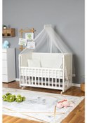 Resim Ahşap Beşik Anne Yanı Beşik Beyaz 60x120 - Krem Güpür Uyku Seti + Yataklı Beyaz 
