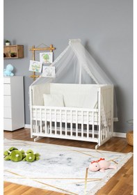 Resim Ahşap Beşik Anne Yanı Beşik Beyaz 60x120 - Krem Güpür Uyku Seti + Yataklı Beyaz 