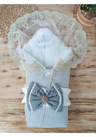 Resim Pembe Triko Örgü Kız Bebek Batttaniyesi Kundağı Kalın Dantelli Yenidoğan Hastane Çıkışı Hediyelik Gri 