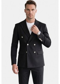 Resim Deep Sea Deepsea Erkek Siyah Slim Fit Kruvaze Takım Elbise Likralı Çizgili Dokulu Metal Düğmeli 2600820 