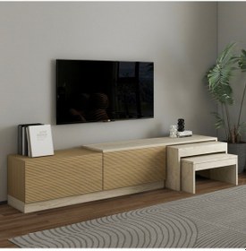 Resim Nest Tv Sehpası Modern Tasarım,2 Kapaklı Depolama Ve İkili Zigon Sehpa İle Fonksiyonel Mobilya Meşe 
