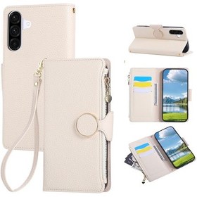 Resim Samsung Galaxy Uyumlu A56 5g Kılıf Fermuarlı Cüzdan Deri Telefon Kılıfı Ve Bilek Kayışı - Bej Bej 