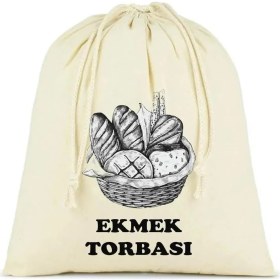 Resim Ekmek Torbası, Pamuk Bez Torba, 40X40 Cm, Baskılı Ekmek Desenli, Krem Rengi 