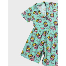Resim Elmas Kids Kız Çocuk %100 Pamuklu Yeşil Kedi Desenli Gömlek Yaka Düğmeli Kısa Kollu Şortlu Pijama Takımı 