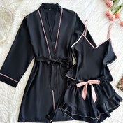 Resim 3 adet Kadın Pijama - Yumuşak Pembe ve Siyah V-Yaka Pijama Seti, Bağcıklı Bel, Tüm Mevsim Konforu, Sade ve Şık Tasarım, Rahat Pijama Seti | Rahat Pijama Seti | Konforlu Uygunluk, Pijama 