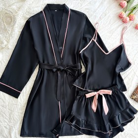 Resim 3 adet Kadın Pijama - Yumuşak Pembe ve Siyah V-Yaka Pijama Seti, Bağcıklı Bel, Tüm Mevsim Konforu, Sade ve Şık Tasarım, Rahat Pijama Seti | Rahat Pijama Seti | Konforlu Uygunluk, Pijama 