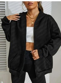 Resim Siyah 2 İp Örme Kumaş Kapüşonlu Fermuarlı Sweatshirt Siyah 