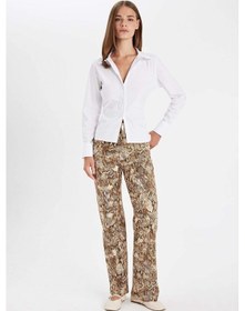 Resim Defacto Straight Fit Gabardin Palazzo Pantolon Yılan Derisi Desenli Yüksek Bel Cepli Uzun D1229AX24SM Bej 