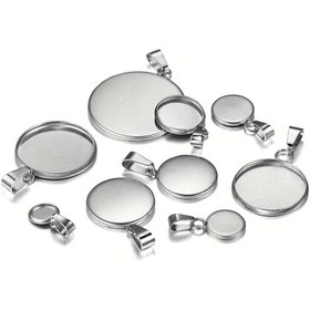 Resim 10 Adet Paslanmaz Çelik Yuvarlak Boş DIY Takı Yapımı Çerçevesi - 6-25mm Çok Boyutlu El İşi Malzemeleri, Kolye Pandantif ve Bileklik Tokaları ile Güvenli Bağlantı Halkası, Parlak Metalik Kaplama, Metalik Toka Mekanizması 
