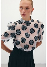 Resim Sateen Organze Kısa Kol Bluz - Siyah-136323 Siyah 