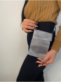 Resim SmY Bag Parlak Gümüş Gri Renkli Telefon Cantasi Taş Görünümlü 