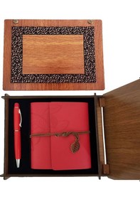 Resim Ahşap Kutulu Kırmızı Deri Defter Ve Metal Kalem Set 