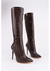 Resim Muggo Zest Kroko Desenli Sivri Burun Fermuarlı İnce Topuklu Kadın Çizme Kahverengi 