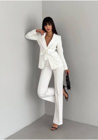 Resim han fashion Kadın Blazer Ceket Pantolon Takım Çizgili Beyaz Şal Yaka Kemerli 