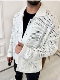 Resim Elku Moda Hırka Oversize Özel Örgülü Triko Desenli Salaş Örgü Hırka Beyaz 