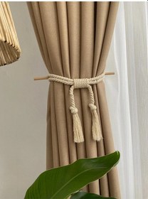 Resim Doğal Pamuk İpli Fon Perde Bağı - Ahşap Çubuklu Sarkıt Pamuk Halat- 1 Adet Ahşap 