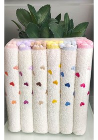 Resim Annem 30x50 Cm. Çeyizlik 6'lı Set Kalp Nakışlı Ponponlu Bukle Lüks Havlu Seti Çok Renkli 