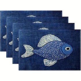 Resim 4/6 Parça Modern Mavi Arka Planlı Beyaz Noktalı Balık Desenli Amerikan Servisi Seti - Ev, Mutfak, Yemek Masası İç ve Dış Mekan Dekoru için Mevsimlik Günlük Tatil Süslemesi 30.48x45.72 cm 