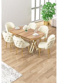 Resim Canisa Zae Serisi 90x168 Lak Panel Hazar Gold Ayak Masa Takımı 6 Krem Sandalye Hazar Masa Krem Sandalye Ayaklar Gold 