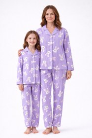 Resim Free Beka Lila Çizgili Ve Tavşan Desenli Uzun Kollu Önden Düğmeli Gömlek Yaka Anne Kız Pijama Takımı Kombin 