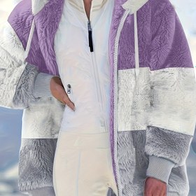 Resim Kadın Rahat Suni Kürk Kapüşonlu Bol Ceket, Polyester Karışımı, Düz Renk, Örgü Kumaş, Zincir Cepli, Sonbahar/Kışlık Mont 