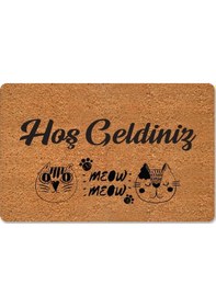 Resim Hoş Geldiniz Yazılır Temalı Kedili Dekoratif Dış Kapı Önü Ve Iç Mekan Paspası Yıkanabilir Toz Alıcı Çok Renkli 