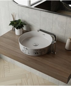 Resim Creavit LP140-00CB00E-KB00 Loop Gen-z Yuvarlak Masa Üstü Çanak Lavabo Ø40 Cm Karikatür Baskı Extra Beyaz Sarı 