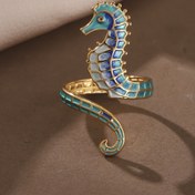 Resim Paslanmaz Çelik Denizatı Emaye Yüzük - Mavi ve Altın Tonlu Detaylarla Şık Retro Tasarım, Günlük Kullanım, Sevgililer Günü Hediyeleri, Partiler ve Özel Günler İçin Mükemmel 