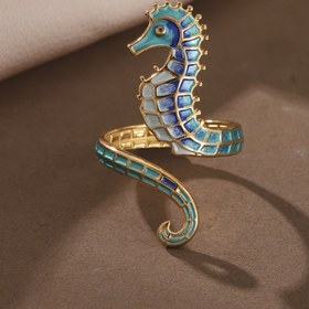 Resim Paslanmaz Çelik Denizatı Emaye Yüzük - Mavi ve Altın Tonlu Detaylarla Şık Retro Tasarım, Günlük Kullanım, Sevgililer Günü Hediyeleri, Partiler ve Özel Günler İçin Mükemmel 