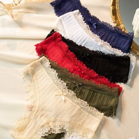 Resim 6 Adet Kadınlar İçin Şık Kabartmalı Bikini Külotları Dalgalı Dantel Kenar ve Fiyonk Detaylı - Düşük Bel, Yumuşak Esneklik, Çeşitli Renkler (Bej, Lacivert, Beyaz, Siyah, Yeşil, Kırmızı) Konfor ve Stil için 