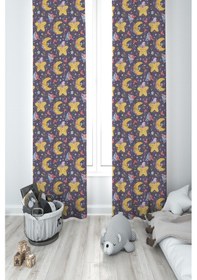 Resim Mekta Home Bebek Ve Çocuk Odası Şapkalı Yıldız Ve Ay Desenli 2 Kanat Fon Perde 