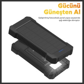 Resim Woyax Güneş Enerjili Solar Powerbank 10000MAH LED Işıklı Taşınabilir Batarya Şarj Cihazı Siyah 