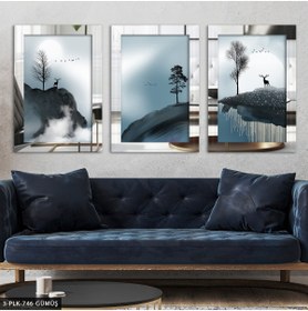 Resim Burshe Modern Sanat Ağaç ve Geyik 3 Parça Gümüş Pleksi Aynalı Tablo 