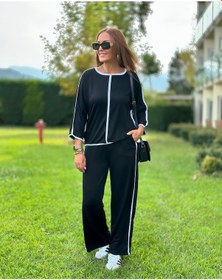 Resim Soonaksesuar Kadın Bisiklet Yaka Truvakar Kol Biye Detay Bluz Ve Yüksek Bel Lastikli Pantolon Ikili Takım Siyah 