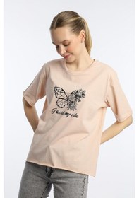 Resim Kadın Kelebek Baskılı Oversize Tişört Bej 