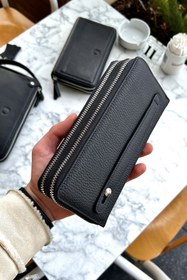 Resim CüzCan Tigan Unisex Siyah Çift Fermuarlı Hakiki Deri Telefon Cüzdanı El Çantası 