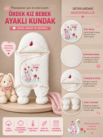 Resim Tomuycuk Ekru Kız Bebek Kundağı - Ördekli Bebek Dış Kundak & Battaniyesi 