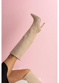 Resim Shoetek Sara Kadın Çizme İnce Topuklu Bej Süet Bej Süet 