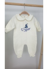 Resim Gros Shop Müslin Yeni Doğan 4katlı Organik %100pamuk Kişiye Özgü Nakışlı Hastane Çıkış Seti Kurt Model-2 Ekru 
