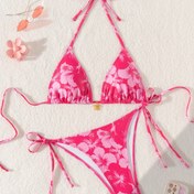 Resim Paskalya temalı kırmızı ve beyaz çiçek desenli bikini, ayarlanabilir bağcıklı askılı - Kadınlar için esnek V-yaka mayo, plaj veya havuz kenarı için mükemmel, plaj giyim temel gereksinimleri|V-yaka mayo|Esnek kumaş 