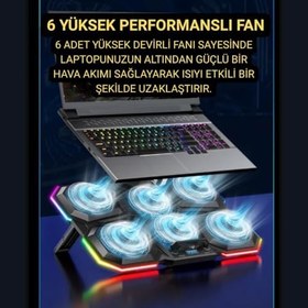 Resim Polham 6 Fanlı RGB Işıklı Laptop Soğutucu Stand, 7 Kademeli Yükseklik Ayarlı 2400RPM Süper Soğutucu Stand 